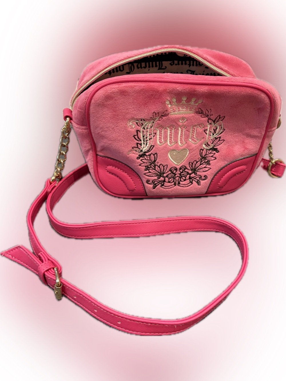 Juicy Couture Hot Pink Suede Crossbody Camera Bag with Gold Logo